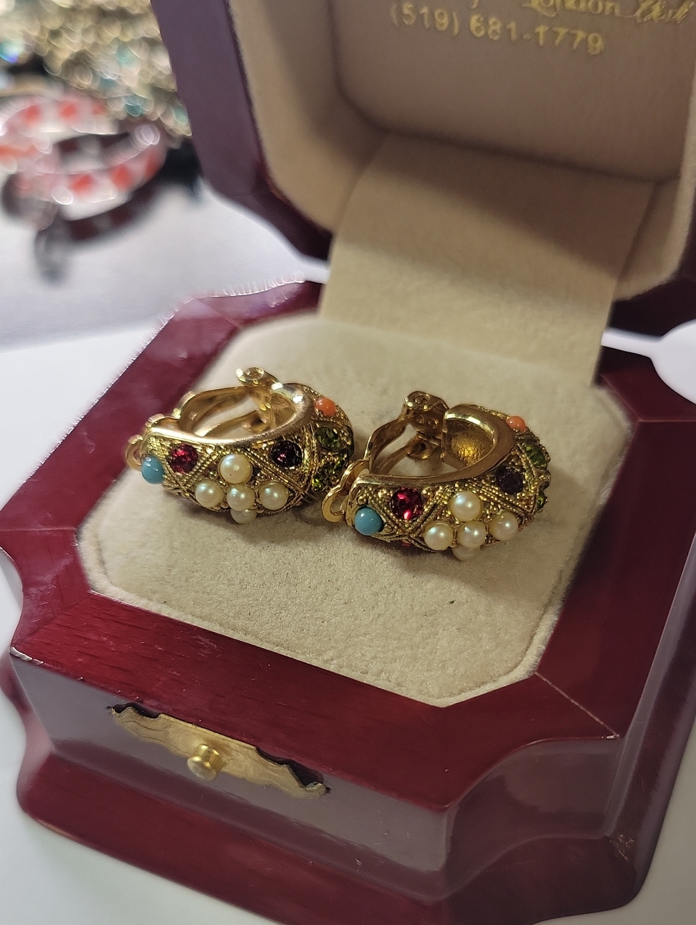 Vtg 1980s D'Orlan Gold-Tone Beaded Hoop Earrings with Multicolor Gem Accents